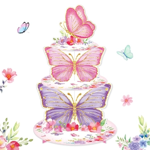 Butterfly Cupcake Stand Tiered Cardboard Pink Purple Floral Cake Tower Birthday Wedding Party Decoration