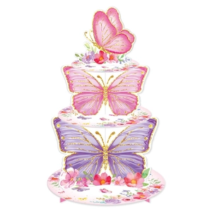 3-tier butterfly themed cupcake stand with pink floral patterns for birthday party decoration