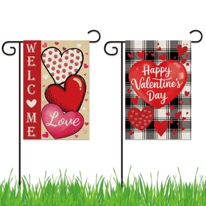 Drapeau de Jardin Saint-Valentin Carreaux Buffalo Cœur Rouge Welcome Love Décoration de Cour Extérieure Drapeau de Fête
