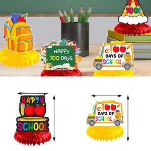 Set of 100 days of school honeycomb centerpieces with school bus and blackboard designs