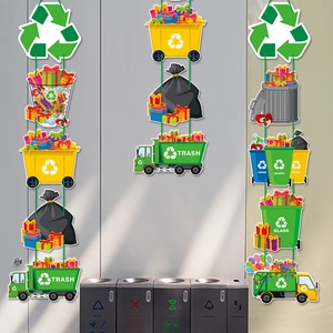 Eco-friendly recycling theme party hanging decorations with trash bins and sorting icons
