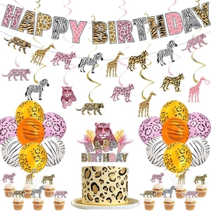 Jungle Forest Animal Theme Birthday Party Decoration Set Leopard Zebra Giraffe Pattern Happy Birthday Banner Balloons Cake Topper Hanging Spirals Decor