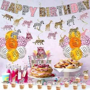 Wild animal print birthday decorations set with pink leopard banner and animal balloons