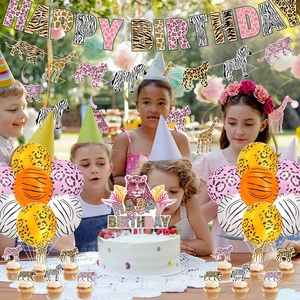Forest animal themed happy birthday party decoration set with leopard print banners and balloons