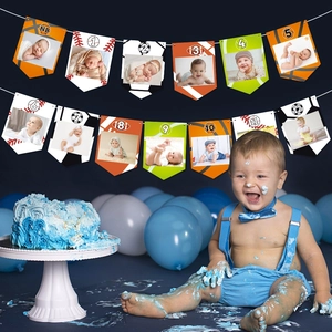Guirlande photo premier anniversaire thème sport avec ballons de foot et basket