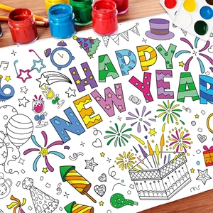 Kids DIY Happy New Year coloring poster with festive fireworks and party doodles