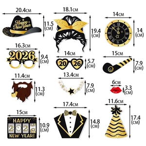 2026 New Year party photo booth props kit with black and gold decorative cardstock sets