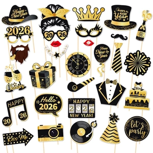 New Year Party Photo Booth Props Handheld Paper And Wood Glitter Black Gold Festive Eve Celebration Accessories