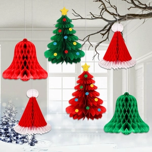 Christmas Honeycomb Hanging Ornaments Stereoscopic Paper Tree Bell Hat Shapes Festive Holiday Party Home Decor New Year