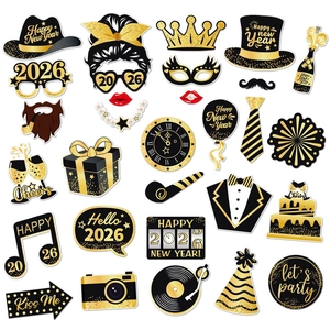 2026 New Year party photo booth props kit with black and gold glitter paper accessories