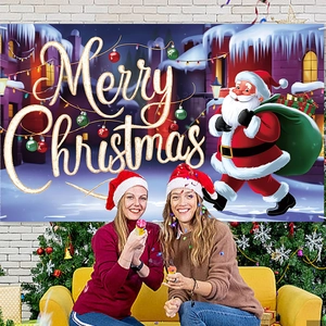 Large Merry Christmas banner with Santa Claus and winter town background for party decor