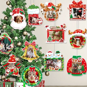 Christmas pet photo frame ornaments set featuring Santa, reindeer and holiday themed designs