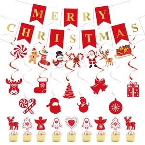 Christmas party decoration set with Merry Christmas banner, swirls, and cupcake toppers