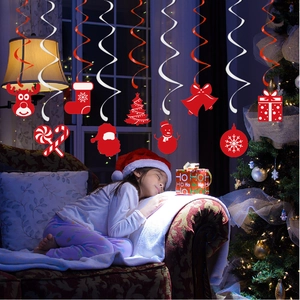 Christmas party hanging decorations with PVC swirls and themed reindeer and tree cutouts