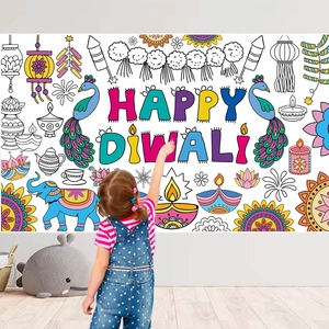 DIY Diwali coloring poster with peacock and elephant patterns for festival home decor