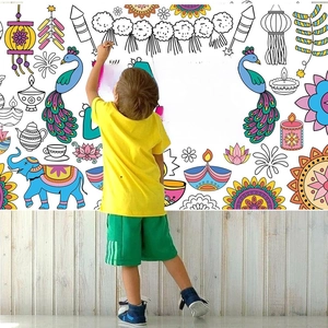 Large Happy Diwali coloring poster featuring elephants and peacocks for kids' festival DIY