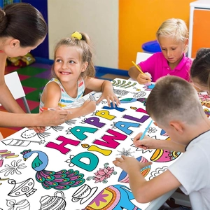 Kids coloring Happy Diwali poster with Indian peacock and elephant holiday patterns