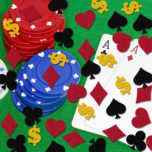 Glitzer Casino-Themenparty Konfetti mit Dollarzeichen, Herz und Spaten auf grünem Filz