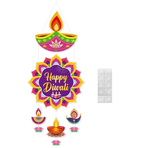 Colorful Diwali hanging decorations with Happy Diwali text and Diya patterns for parties
