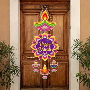 Colorful Happy Diwali hanging door sign with lotus and diya patterns for Indian festival