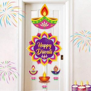 Happy Diwali Door Hanging Decoration Paper Cardstock Mandala Diya Lotus Pattern Indian Festival Party Home Wall Decor