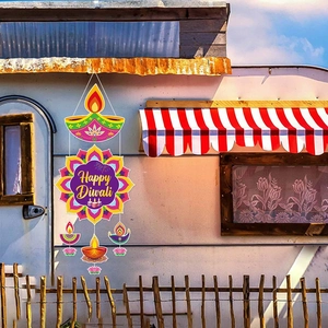 Colorful Happy Diwali hanging door decoration with lotus motifs for Indian festival party