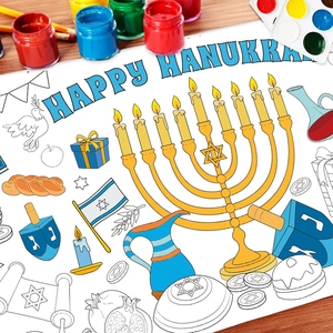 Affiche de coloriage Hanoucca pour enfants avec ménorah et dreidel sur table en bois