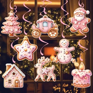 Pink gingerbread Christmas decorations set with snowflakes and festive hanging swirls