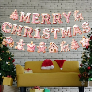 Pink Merry Christmas gingerbread banner with festive reindeer and snowman wall decorations