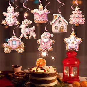 8-piece pink Christmas hanging swirls with gingerbread house, snowman and tree motifs