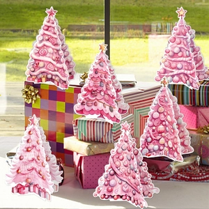 Lot de six décorations de table sapin de Noël rose 3D avec étoiles et motifs festifs