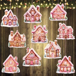Pink gingerbread house Christmas ornaments set for festive party and holiday home decoration