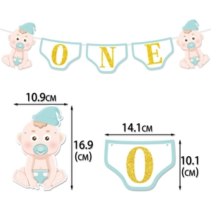 Detailed dimensions of infant one year birthday banner with blue hat and ONE diaper flags
