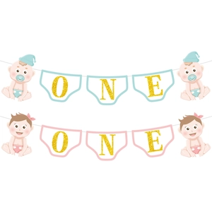 Baby First Birthday Banner Birthday Letters Gold Glitter Cardboard Diaper Shape Party Decoration Photo Prop Boy Girl
