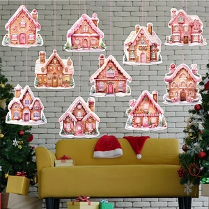 Pink gingerbread house Christmas ornaments set of 9 for festive party home decoration