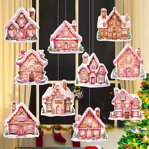Pink gingerbread house Christmas ornaments set of 9 for festive home and tree decoration