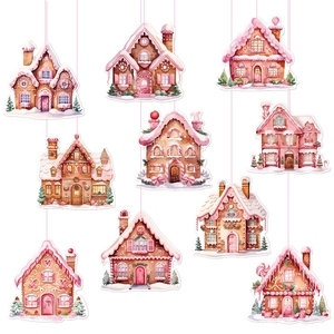 Pink gingerbread house ornaments for Christmas tree decoration, set of 9 festive charms