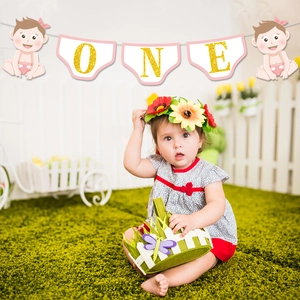 Pink and gold ONE banner for baby girl first birthday party high chair decoration
