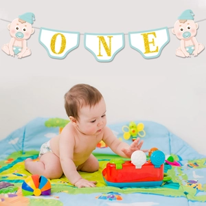 First birthday ONE banner with gold glitter letters for high chair party decorations
