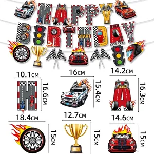 Racing car themed birthday banner set with dimensions for flags, trophies, and wheels