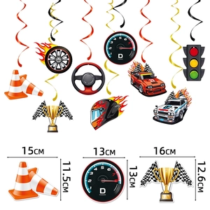 Racing car party decoration set with colorful hanging swirls and size details for kids