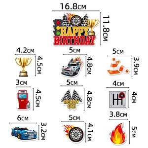 Size guide for racing theme party decorations including banners and cake toppers