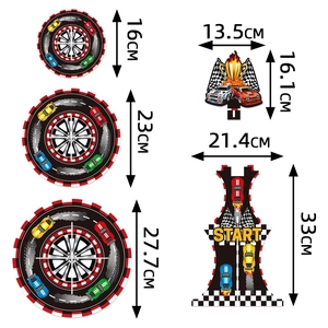 Racing party decor set dimensions showing checkered plates and car trophy cutouts