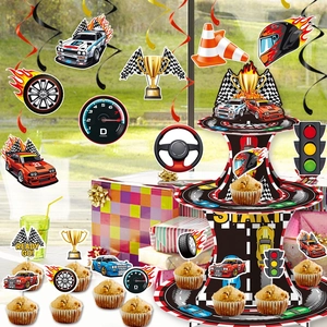 Racing theme party set with 3-tier cake stand and colorful checkered race car decorations