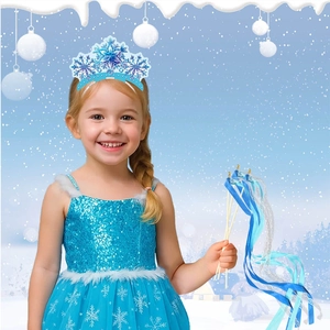 Abito da principessa con paillettes blu, corona a fiocco di neve e bacchetta