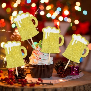 Glittery gold beer cup cake toppers for Octoberfest and birthday party cake decorations