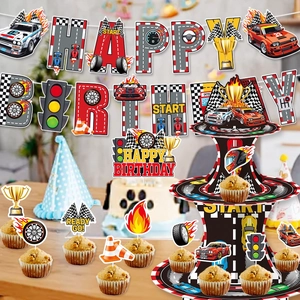 Racing car theme birthday party set with banner, cake stand and checkered flag decorations