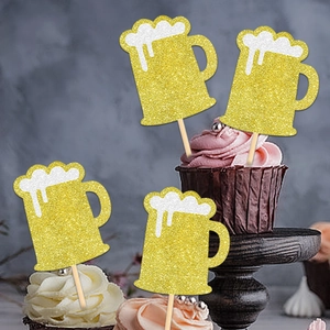 Glitter beer mug cupcake toppers for Oktoberfest party cake decorations, 4 pieces set