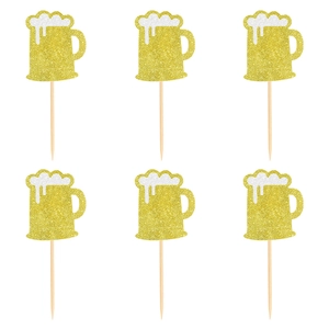 Set of 6 gold glitter beer mug cake toppers for Oktoberfest party cake decorations