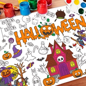 Halloween coloring poster featuring pumpkins and ghosts on a wooden table with art tools